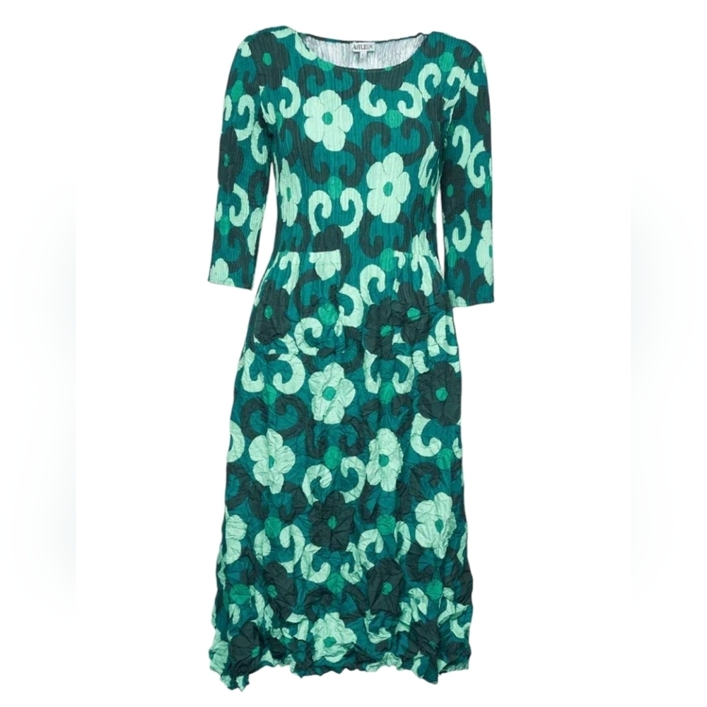 Alquema Green Smash Pocket Dress Midi  Crinkle Long Sleeve Floral Print 0 Small